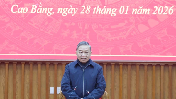 Tổng Bí thư Tô Lâm phát biểu tại buổi làm việc với Ban Chấp hành Đảng bộ tỉnh Cao Bằng. (Ảnh: Thống Nhất/TTXVN)