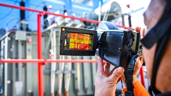 Công nhân EVNHANOI sử dụng máy đo nhiệt kiểm tra tình trạng thiết bị điện tại trạm biến áp vận hành không người trực. Ảnh: Thành Đạt 