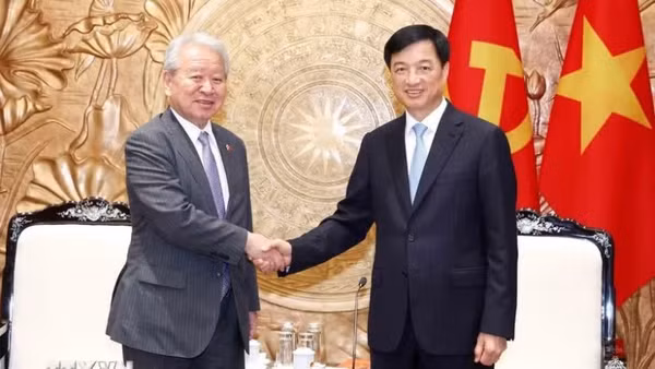 Trưởng Ban Tổ chức Trung ương Nguyễn Duy Ngọc tiếp Chủ tịch Cơ quan Hợp tác Quốc tế Nhật Bản (JICA) Tanaka Akihiko. (Ảnh: Phương Hoa/TTXVN)