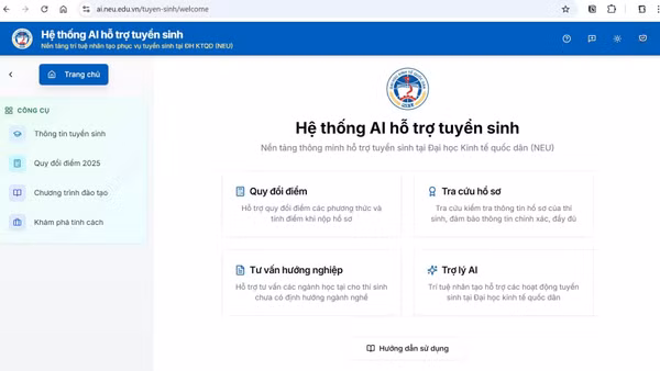 Hệ thống trí tuệ nhân tạo (AI) hỗ trợ tuyển sinh năm 2026 của Đại học Kinh tế Quốc dân.