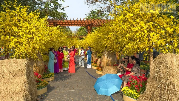 Du khách thích thú chụp ảnh ở các tiểu cảnh. 