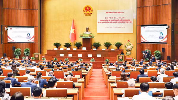 Quang cảnh hội nghị toàn quốc tổng kết công tác bầu cử đại biểu Quốc hội khóa XVI và đại biểu hội đồng nhân dân các cấp nhiệm kỳ 2026-2031. (Ảnh DUY LINH)