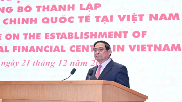 Thủ tướng Chính phủ Phạm Minh Chính phát biểu tại Hội nghị công bố thành lập Trung tâm Tài chính quốc tế tại Việt Nam. (Ảnh: Trần Hải)