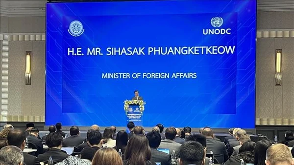 Bộ trưởng Ngoại giao Thái Lan Sihasak Phuangketkeow phát biểu khai mạc Hội nghị quốc tế Đối tác toàn cầu chống lừa đảo trực tuyến.