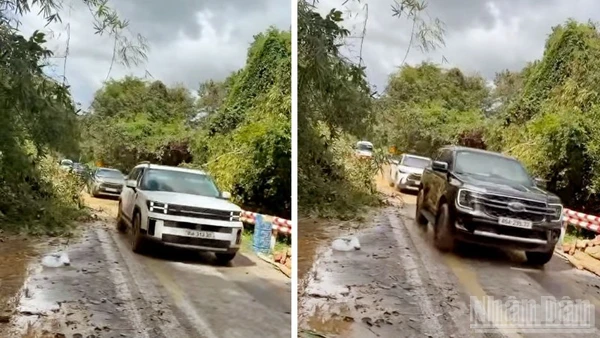 Sau nhiều giờ xử lý sạt lở, hơn 20 ô-tô bị mắc kẹt trên đèo Gia Bắc được giải cứu an toàn. Ảnh: người dân cung cấp.