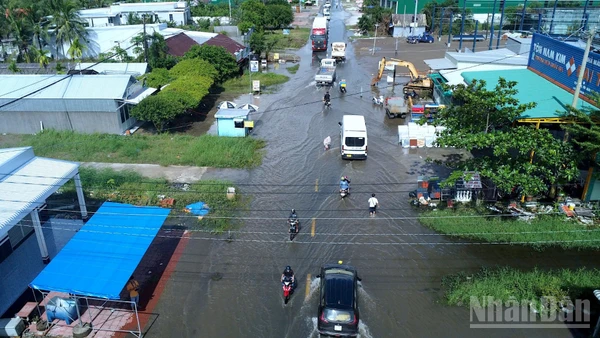 Tuyến Quốc lộ 1A, đoạn gần cầu Lương Thế Trân, tỉnh Cà Mau bị ngập sâu vào đợt mưa lớn kết hợp triều cường vào cuối tháng 10/2025.