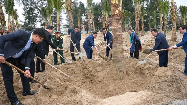 Các đồng chí lãnh đạo tỉnh Nghệ An, Quân khu 4, các sở, ngành, đoàn thể, địa phương trồng cây xanh tại bãi biển Cửa Lò.