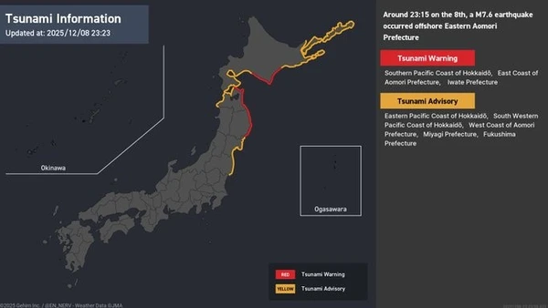 Cảnh báo sóng thần được ban bố tại Nhật Bản trong ngày 8/12.