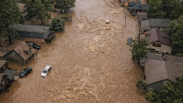 Một chiếc ô tô đang chạy trên con đường ngập nước sau trận mưa lớn, tại Wrightwood, California. (Ảnh: X)