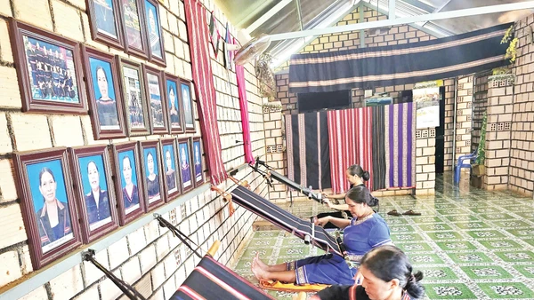 Các nghệ nhân Câu lạc bộ dệt thổ cẩm làng Phung cần mẫn bên khung cửi.