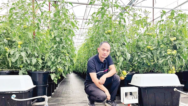 ThS Nguyễn Đức Huy bên sáng chế đang sử dụng trong nông trại của mình.