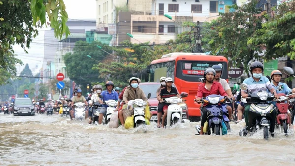 Đường Cách mạng Tháng Tám, thành phố Cần Thơ, ngập nặng sáng 6/11.