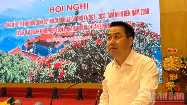 Chủ tịch Ủy ban nhân dân tỉnh Nguyễn Tuấn Anh phát biểu tại hội nghị. (Ảnh: THANH SƠN)