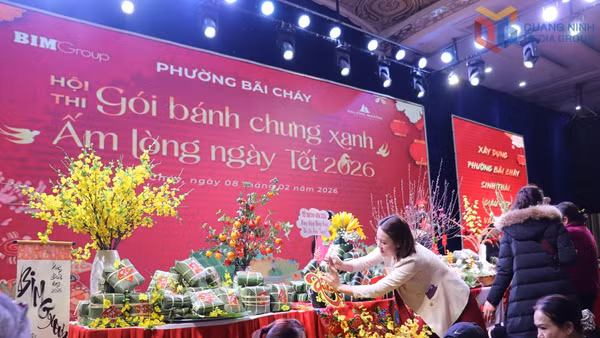 Những chiếc bánh chưng được các đội thi sắp xếp và trang trí cầu kỳ, chuẩn bị chấm giải.