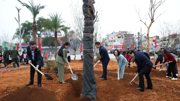 Các đồng chí lãnh đạo tỉnh trồng cây tại lễ phát động.