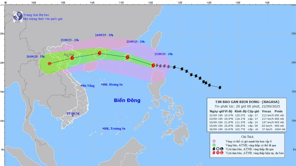Bản đồ dự báo quỹ đạo và cường độ siêu bão Ragasa phát lúc 20 giờ ngày 22/9.