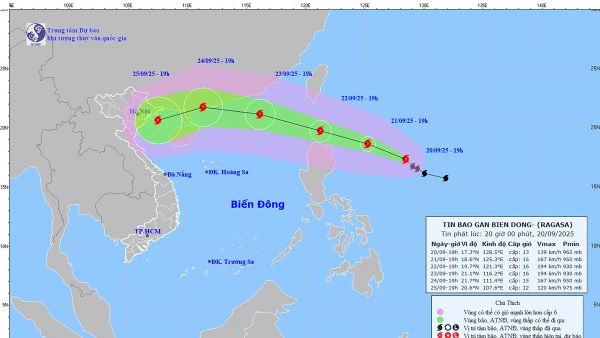 Bản đồ dự báo quỹ đạo và cường độ bão Ragasa phát lúc 20 giờ ngày 20/9.