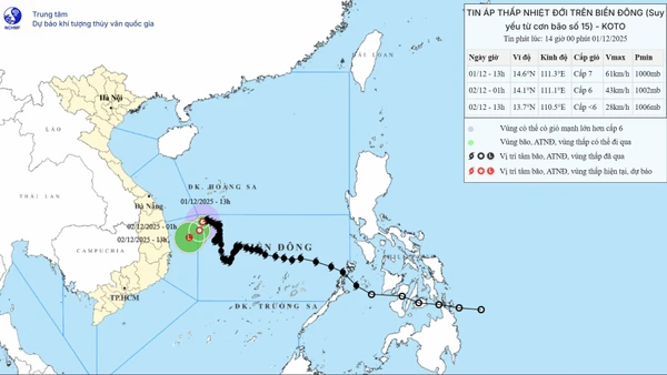 Bản đồ dự báo quỹ đạo và cường độ áp thấp nhiệt đới phát lúc 14 giờ chiều 1/12. (Nguồn: Trung tâm Dự báo khí tượng thủy văn quốc gia)