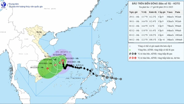 Bản đồ dự báo quỹ đạo và cường độ bão số 15 phát lúc 17 giờ ngày 29/11.