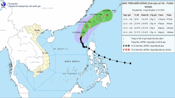 Bản đồ dự báo quỹ đạo và cường độ bão số 14 phát lúc 14 giờ ngày 11/11.