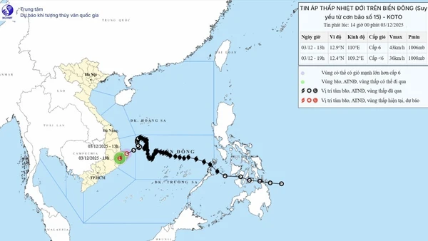 Bản đồ dự báo quỹ đạo và cường độ áp thấp nhiệt đới phát lúc 14 giờ ngày 3/12.