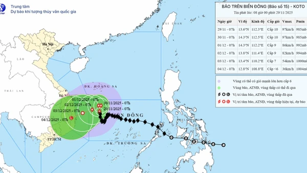 Bản đồ dự báo quỹ đạo và cường độ bão số 15 lúc 8 giờ ngày 29/11. (Ảnh: Trung tâm Dự báo khí tượng thủy văn quốc gia)