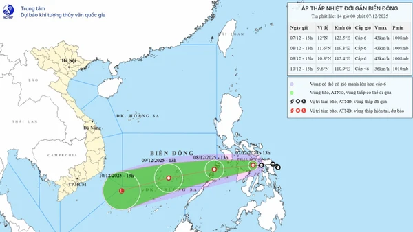 Bản đồ dự báo quỹ đạo và cường độ áp thấp nhiệt đới phát lúc 14 giờ ngày 7/12. (Ảnh: Trung tâm Dự báo khí tượng thủy văn quốc gia)
