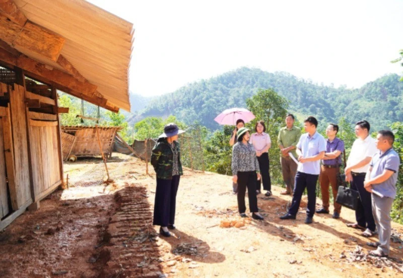 Lãnh đạo tỉnh Bắc Kạn kiểm tra, chỉ đạo công tác xóa nhà tạm, nhà dột nát tại thôn Khuổi Nộc, xã Lương Thượng, huyện Na Rì. (Ảnh: HƯƠNG LAN)