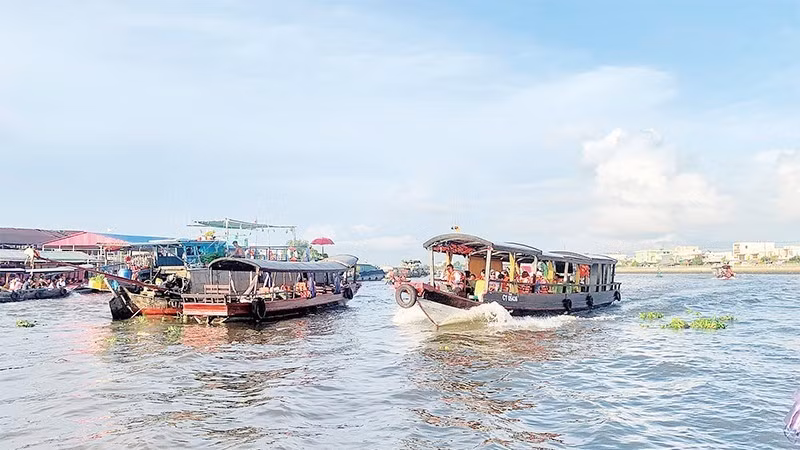 Khách du lịch trải nghiệm tại chợ nổi Cái Răng.