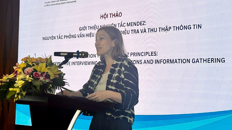 Bà Sabina Stein, Trợ lý Đại diện Thường trú, Trưởng phòng Quản trị và Tham gia của UNDP tại Việt Nam, phát biểu tại hội thảo.