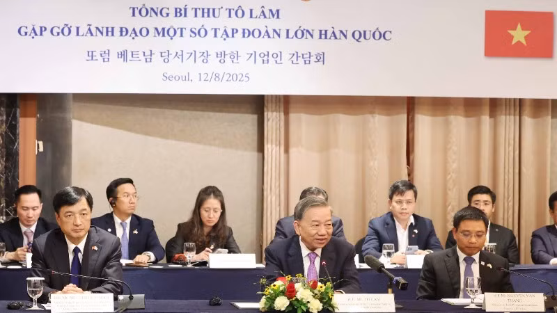 Tổng Bí thư Tô Lâm phát biểu tại buổi gặp. (Ảnh: THỐNG NHẤT/TTXVN)