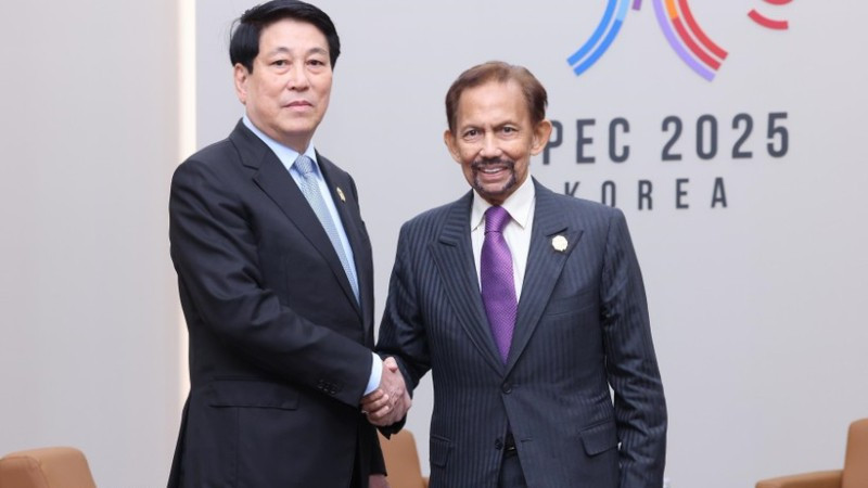 Chủ tịch nước Lương Cường và Quốc vương Brunei Hassanal Bolkiah tại APEC 2025 ở Hàn Quốc. (Ảnh: LÂM KHÁNH/TTXVN)