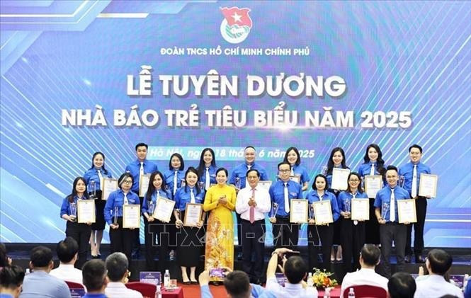 Đồng chí Bùi Thanh Sơn trao chứng nhận và biểu trưng của Đoàn Thanh niên Chính phủ cho nhà báo trẻ tiêu biểu. (Ảnh: TTXVN)