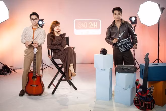 Đồng hành cùng khán giả trong "SAO 24H" là MC Châu Khang, MC Ngọc Thịnh, MC Thái Trang. (Ảnh: VTV)