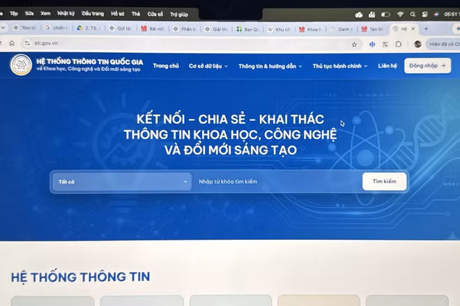  Giao diện trang chủ Hệ thống thông tin quốc gia về khoa học, công nghệ và đổi mới sáng tạo.