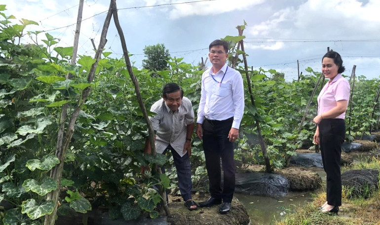 Các bộ Ngân hàng chính sách và cán bộ xã kiểm tra thực tế quá trình sử dụng hiệu quả nguồn vốn chính sách của nhà nông. (Ảnh NHCC) 480819135-624321810360211-2965488948141093924-n.jpg