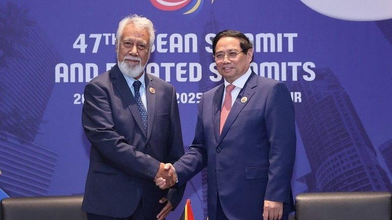 Thủ tướng Chính phủ Phạm Minh Chính gặp Thủ tướng Timor-Leste Xanana Gusmão. (Ảnh: VGP/Nhật Bắc) ti1-505.jpg