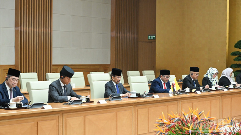 Quốc vương và Đoàn đại biểu Brunei Darussalam tại cuộc hội kiến. (Ảnh: Trần Hải)