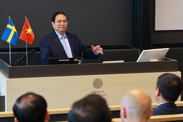 Thủ tướng Phạm Minh Chính phát biểu tại Đại học Uppsala. (Ảnh: TTXVN) ab3.jpg
