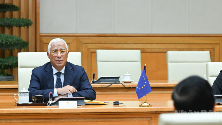 Chủ tịch Hội đồng châu Âu António Costa phát biểu ý kiến. (Ảnh: TRẦN HẢI)