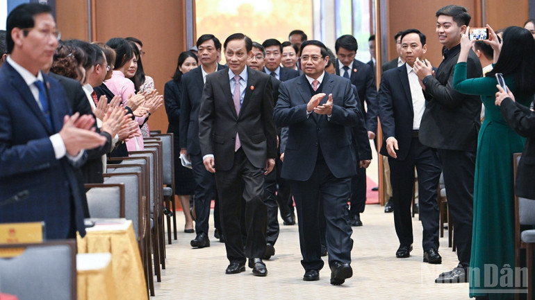 Thủ tướng Phạm Minh Chính tới dự Lễ kỷ niệm 50 năm thành lập Ủy ban Biên giới quốc gia. (Ảnh: TRẦN HẢI)