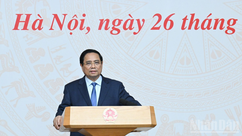 Thủ tướng Phạm Minh Chính phát biểu ý kiến tại cuộc họp. (Ảnh: TRẦN HẢI) ndo_br_a1-7834.jpg