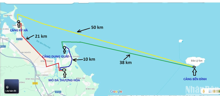 Hành trình vận chuyển đá từ mỏ Thượng Hòa đi cảng Bến Đình qua hai tuyến khác nhau. Hành trình vận chuyển đá từ mỏ Thượng Hòa đi cảng Bến Đình qua hai tuyến khác nhau.