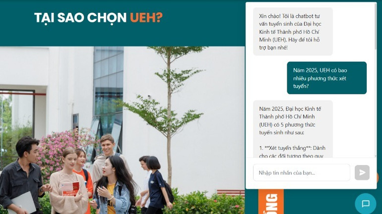 Giao diện UEH AI Chatbot tại các web tuyển sinh UEH.