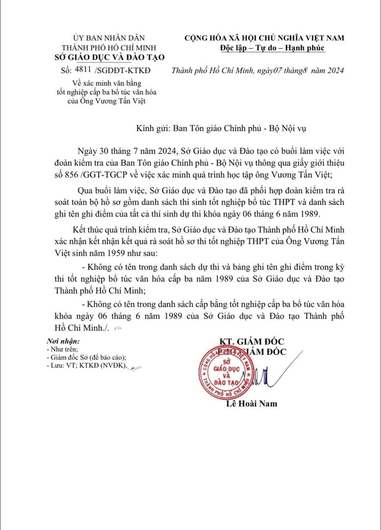 Văn bản của Sở Giáo dục và Đào tạo Thành phố Hồ Chí Minh gửi Ban Tôn giáo Chính phủ, Bộ Nội vụ.