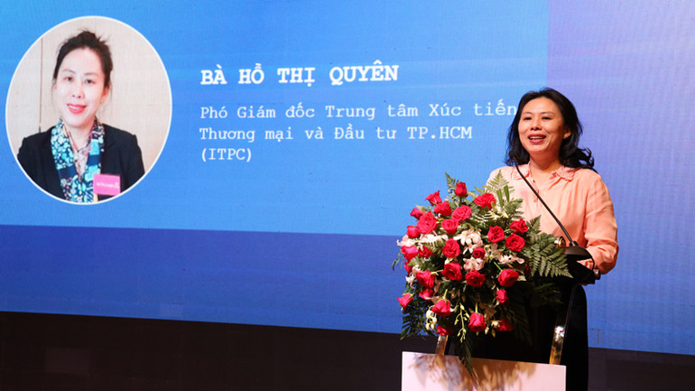 Bà Hồ Thị Quyên, Phó Giám đốc Trung tâm Xúc tiến Thương mại và Đầu tư Thành phố Hồ Chí Minh phát biểu tại hội thảo.