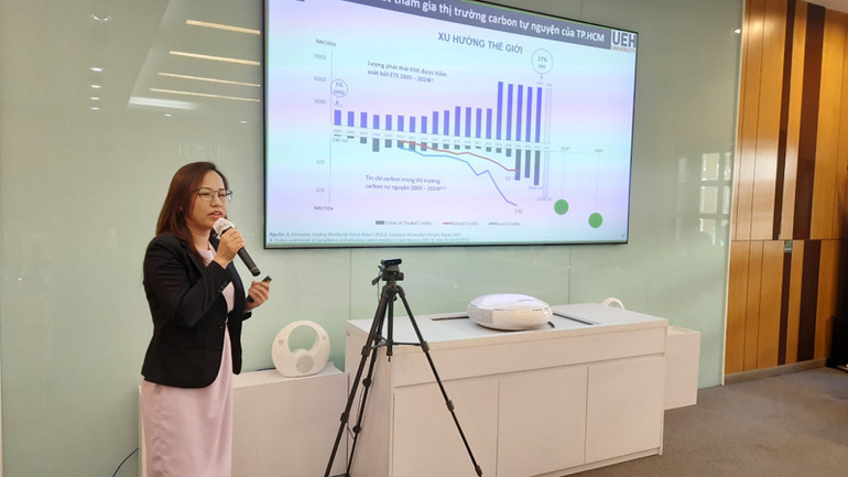 Tiến sĩ Nguyễn Thị Tuyết Nhung, Đại học Kinh tế Thành phố Hồ Chí Minh trình bày về thị trường carbon tại buổi tọa đàm.