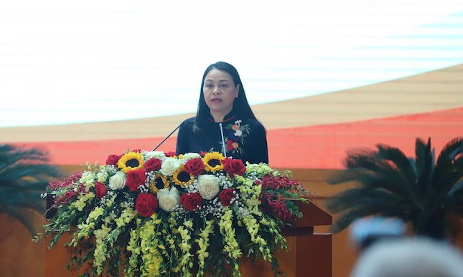 Đồng chí Nguyễn Thị Thu Hà, Ủy viên Trung ương Đảng, Phó Chủ tịch, Tổng Thư ký Ủy ban Trung ương Mặt trận Tổ quốc Việt Nam phát biểu khai mạc.