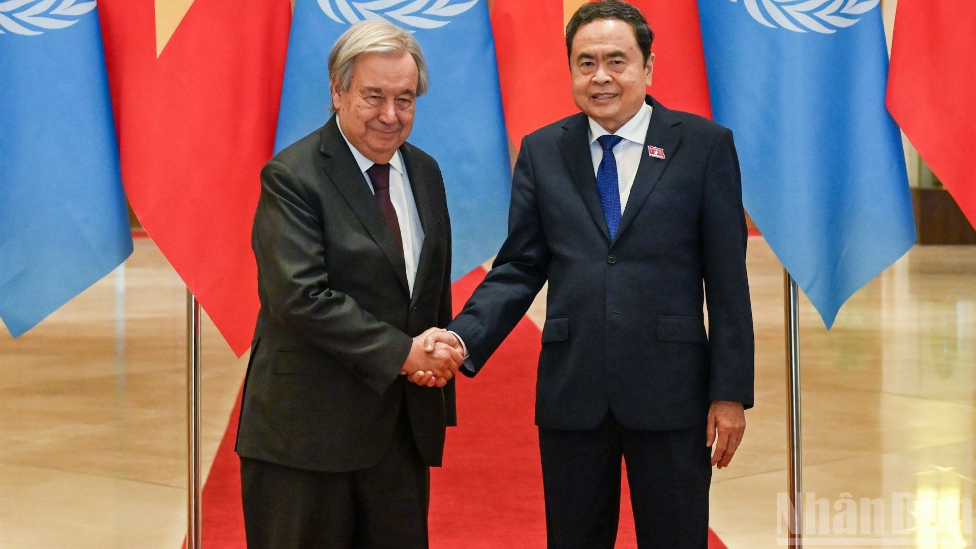 Chủ tịch Quốc hội Trần Thanh Mẫn và Tổng Thư ký Liên hợp quốc Antonio Guterres. (Ảnh: DUY LINH)