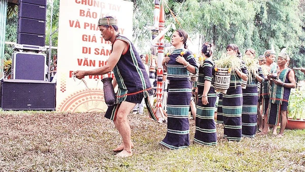 Phục dựng nghi thức Lễ gọi hồn lúa của người M’nông Gar tại Liên hoan Văn hóa cồng chiêng tỉnh Đắk Lắk lần thứ III năm 2024.